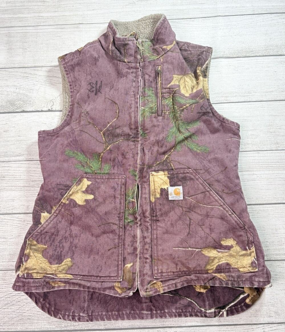 Carhartt Womens Vintage Canvas Zip Up Sherpa Lined Vest Camo Purple Realtree XS